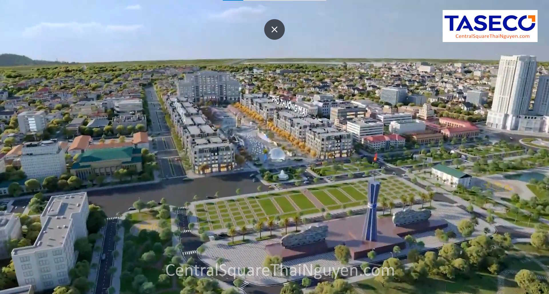 Central Square Thái Nguyên – Phối cảnh trên cao trục phố đi bộ và shophouse 6 tầng Taseco Land