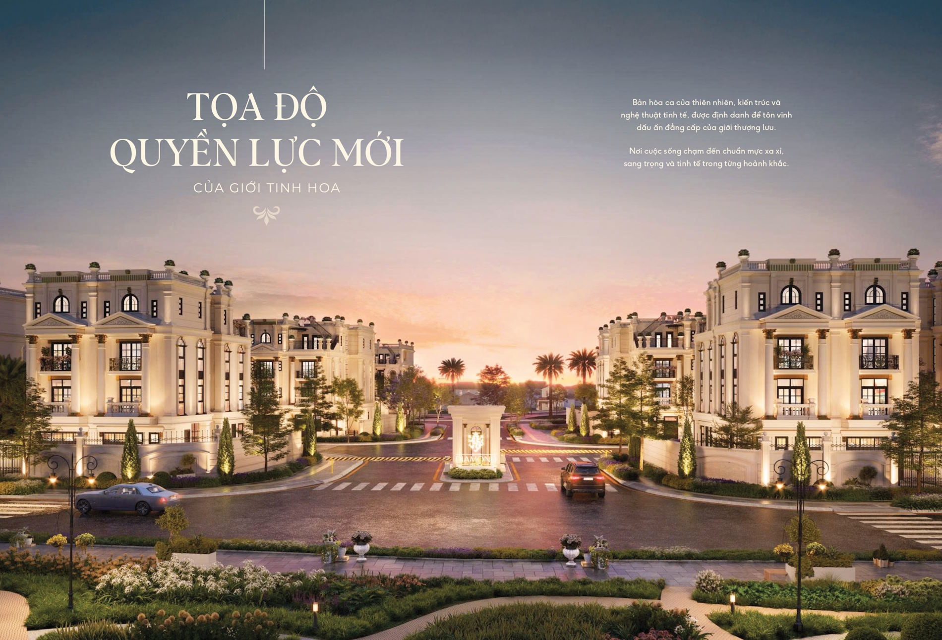 Lối vào Long Biên Golf Villas - trục vào nội khu và không gian xanh